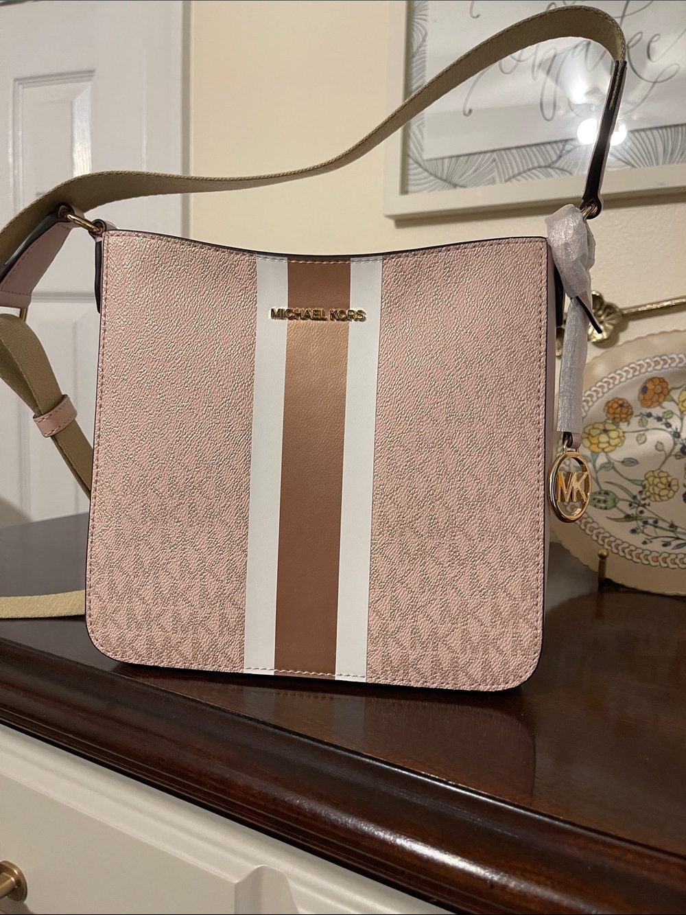 NWT Michael Kors Blush Pink Logo Crossbody with Striped Center
